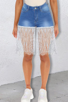 Medium Blue Fashion Casual Solid Tassel Split Joint High Waist Regular Denim Shorts