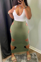 Army Green Sexy Casual Solid Hollowed Out Split Joint V Neck Vest Dress
