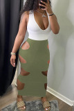 Army Green Sexy Casual Solid Hollowed Out Patchwork V Neck Vest Dress
