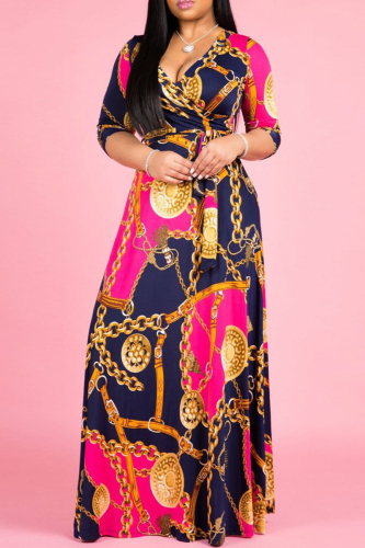 Rose Red Blue Fashion Casual Print Bandage V Neck Long Sleeve Dresses