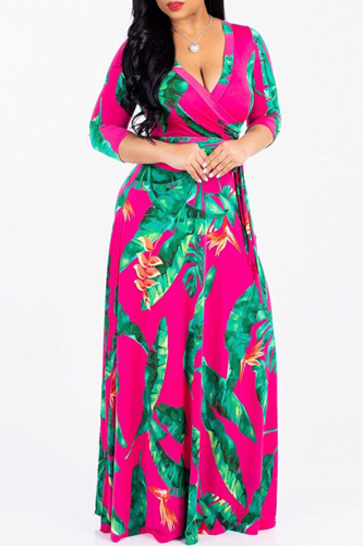 Rose Red Fashion Casual Print Bandage V Neck Long Sleeve Dresses