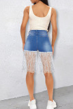 Medium Blue Fashion Casual Solid Tassel Patchwork High Waist Regular Denim Shorts