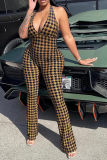 Brownness Sexy Plaid Patchwork Halter Boot Cut Jumpsuits