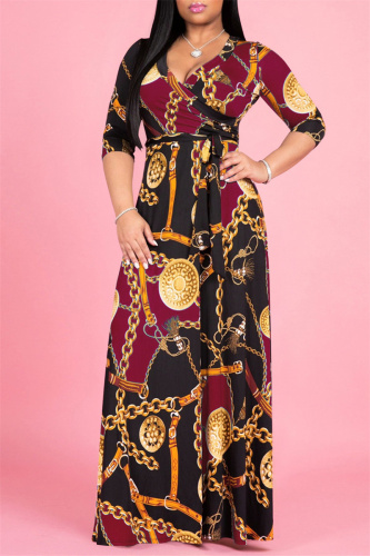 Burgundy Fashion Casual Print Bandage V Neck Long Sleeve Dresses