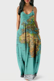 Tibetan Blue Sexy Graphic Print Floor Length Backless Sleeveless African Style Loose Cami Maxi Dress