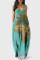 Peacock Blue Fashion Sexy Print Backless Spaghetti Strap Long Dress