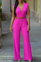Pink Casual Solid Split Joint With Belt V Neck Straight Jumpsuits (Contain The Belt)