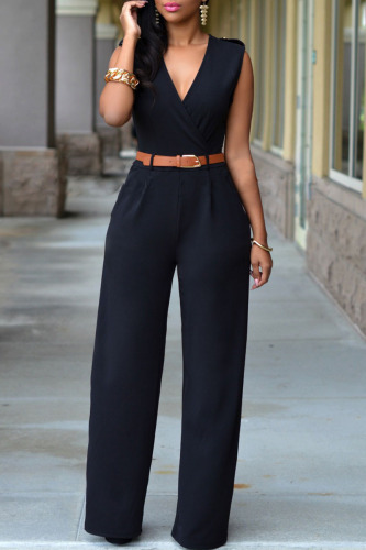 Black Casual Solid Patchwork With Belt V Neck Straight Jumpsuits (Contain The Belt)