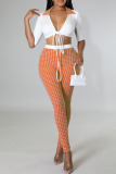 Tangerine Sexy Print Bandage Patchwork V Neck Half Sleeve Two Pieces