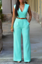 Light Blue Casual Solid Split Joint With Belt V Neck Straight Jumpsuits (Contain The Belt)