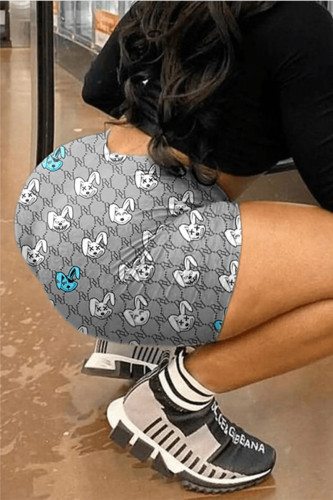Grey Fashion Casual Cartoon Print Basic Skinny High Waist Shorts