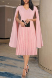Pink Fashion Casual Solid Patchwork V Neck Pleated Dresses