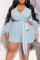 Light Blue Casual Solid Patchwork V Neck Plus Size Jumpsuits