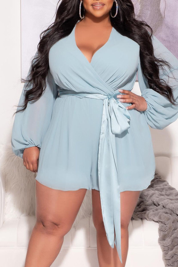Light Blue Casual Solid Patchwork V Neck Plus Size Jumpsuits(The Belt Is A Different Color)