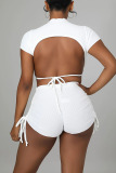 White Sexy Solid Patchwork Backless O Neck Short Sleeve Two Pieces