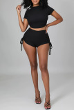 Black Sexy Solid Patchwork Backless O Neck Short Sleeve Two Pieces