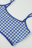 Blue Sexy Plaid Print Patchwork Spaghetti Strap Sleeveless Two Pieces
