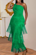 Green Fashion Solid Tassel Split Joint One Shoulder Sleeveless Dress