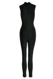 Black Casual Sportswear Solid Embroidered Patchwork Turtleneck Skinny Jumpsuits