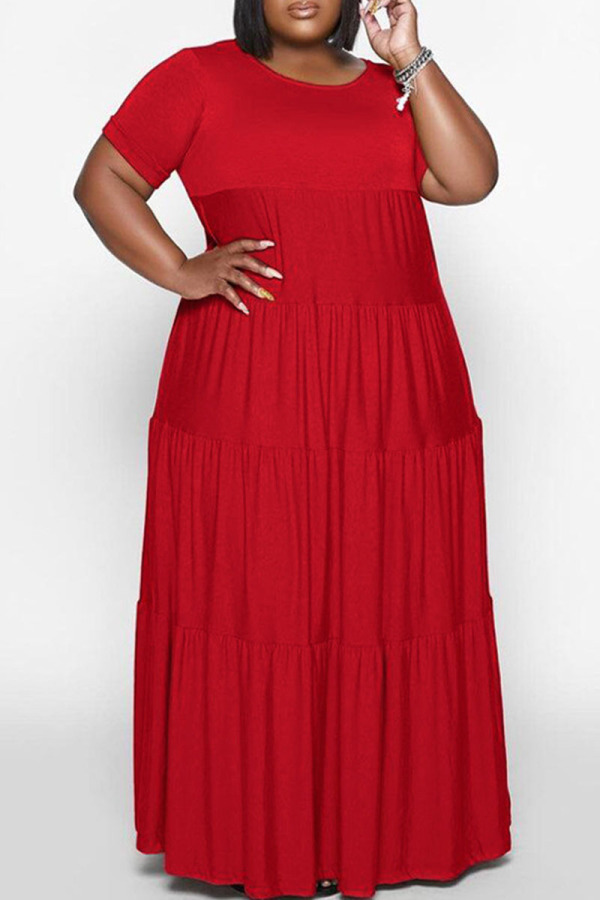 Red Casual Solid Patchwork O Neck Straight Plus Size Dresses