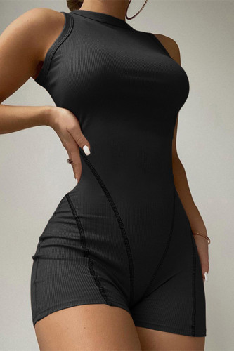 Black Fashion Casual Sportswear Solid Patchwork O Neck Skinny Romper