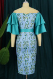 Light Green Casual Print Bandage Patchwork Flounce Off the Shoulder One Step Skirt Dresses