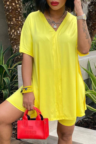 Yellow Casual Solid Patchwork V Neck Short Sleeve Two Pieces