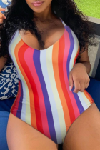 Multicolor Fashion Sexy Striped Print Bandage Backless Halter Plus Size Swimwear (With Paddings)