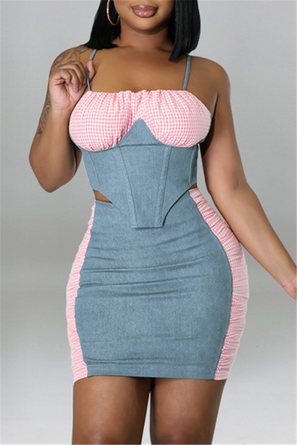 Baby Blue Fashion Sexy Plaid Patchwork Backless Asymmetrical Spaghetti Strap Sleeveless Two Pieces