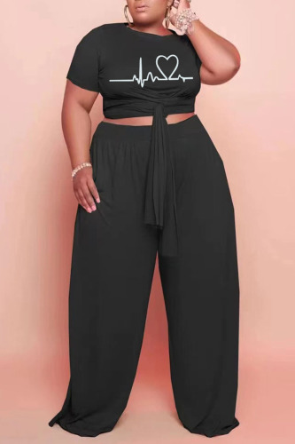 Black Casual Print Bandage Patchwork O Neck Plus Size Two Pieces