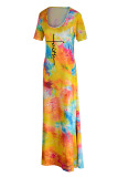 Blue Sexy Print Tie Dye Patchwork Backless O Neck Straight Dresses