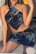 Blue Sexy Print Split Joint Halter Sleeveless Two Pieces
