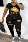 Black Fashion Casual Letter Lips Printed Ripped V Neck Plus Size Two Pieces