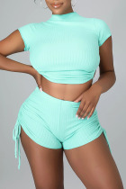 Green Sexy Solid Split Joint Backless O Neck Short Sleeve Two Pieces