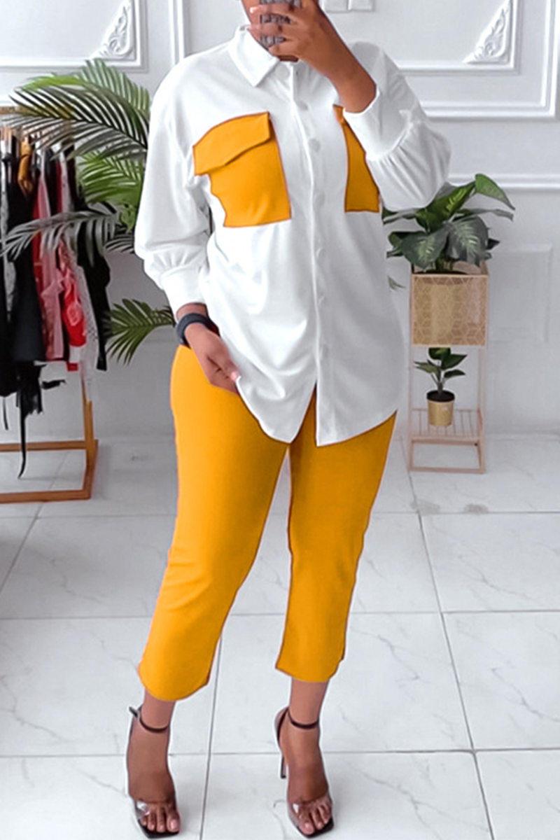 Yellow Fashion Solid Patchwork Turndown Collar Plus Size Two Piecesplus Sizeknowfashionstyle 0868