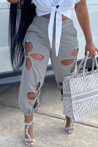 Grey Casual Street Solid Hollowed Out Patchwork Regular High Waist Pencil Solid Color Bottoms