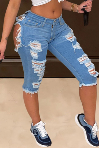Blue Fashion Casual Solid Ripped High Waist Skinny Denim Shorts