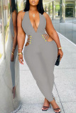 Grey Sexy Solid Hollowed Out Patchwork V Neck Regular Jumpsuits