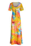 Yellow Sexy Print Tie Dye Patchwork Backless O Neck Straight Dresses
