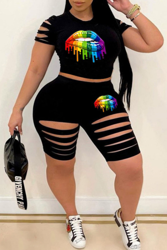 Black Casual Print Hollowed Out Patchwork O Neck Plus Size Two Pieces
