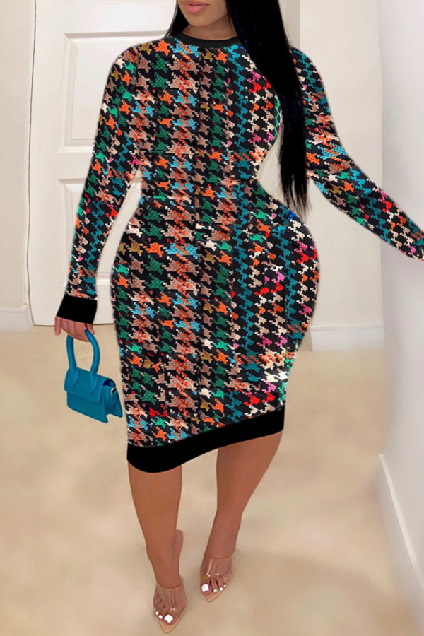 Colour Fashion Casual Print Patchwork Backless O Neck Long Sleeve Plus Size Dresses