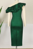 Green Elegant Solid Patchwork Fold Asymmetrical Oblique Collar One Step Skirt Dresses