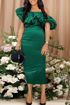 Green Elegant Solid Split Joint Fold Asymmetrical Oblique Collar One Step Skirt Dresses
