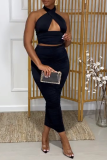 Black Sexy Solid Fold Halter Sleeveless Two Pieces