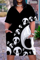 Black White Fashion Casual Print Split Joint V Neck Short Sleeve Dress