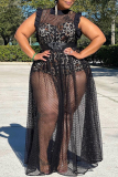 Black Fashion Sexy Plus Size Casual Solid See-through With Belt Half A Turtleneck Sleeveless Dress (Without Lining)