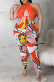 Rose Red Fashion Sexy Print Bandage Hollowed Out Backless Halter Plus Size Two Pieces