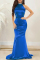 Blue Fashion Sexy Solid Backless O Neck Evening Dress