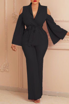 Black Fashion Casual Solid Hollowed Out Turndown Collar Long Sleeve Two Pieces