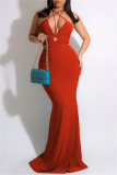 Red Fashion Sexy Plus Size Solid Hollowed Out Backless Spaghetti Strap Long Dress